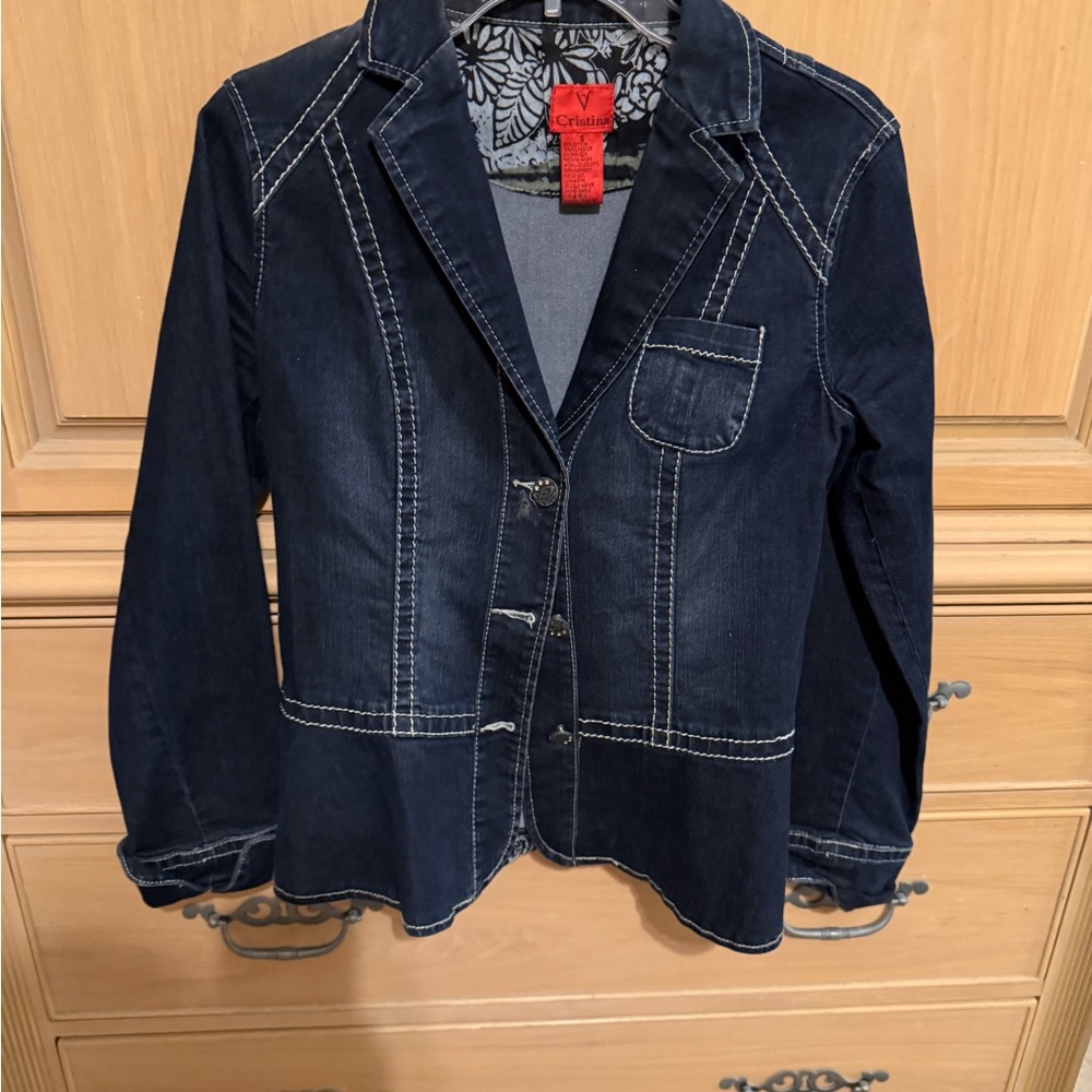 V Cristina Dark Blue Jean Jacket with White Stitching